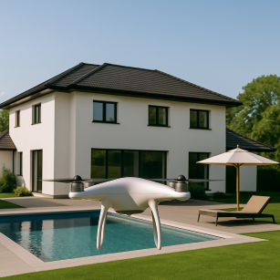 Drohne fliegt über eine Immobilie