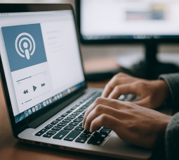 Person hört einen Podcast am Laptop